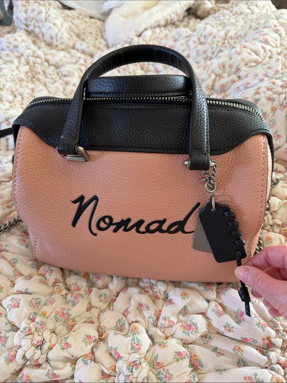 Coach Surrey Satchel Nomad script Two-Tone Pink and Black Pebbled Leather